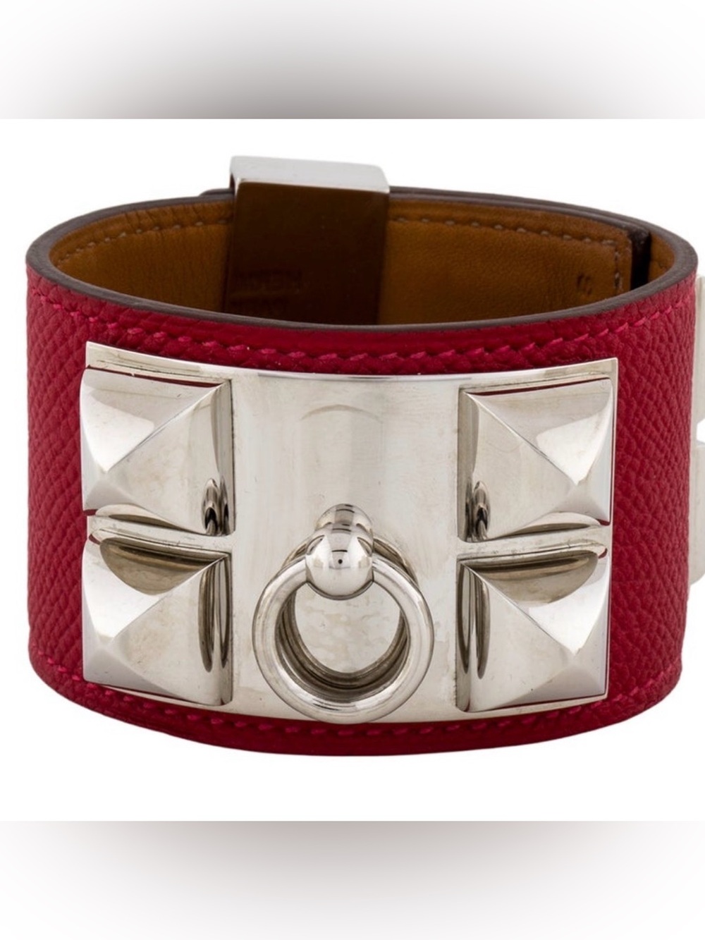 HERMES Collier De Chien Red Rouge Casaque Leather palladium-plated Hardware Cuff